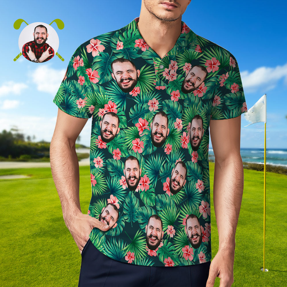 Men's Custom Face POLO Shirt Personalised Green Golf Shirts For Him Hawaiian Pink Flower - MyHawaiianShirtsAU
