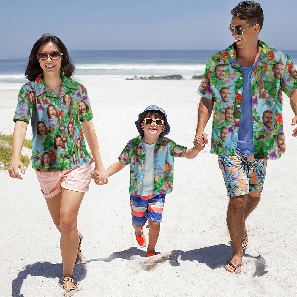 Christmas Family Matching Custom Photo Hawaiian Shirt Parent-child Wears Personalised Face Hawaiian Shirt Gift Colorful Parrot