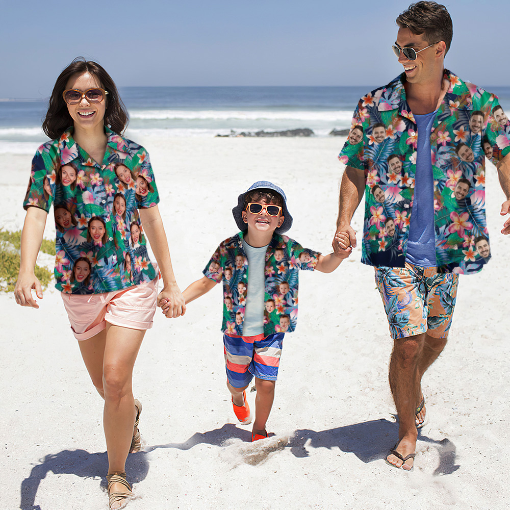 Custom Photo Hawaiian Shirt Family Christmas Parent-child Wears Personalised Face Hawaiian Shirt Gift Colorful Flowers
