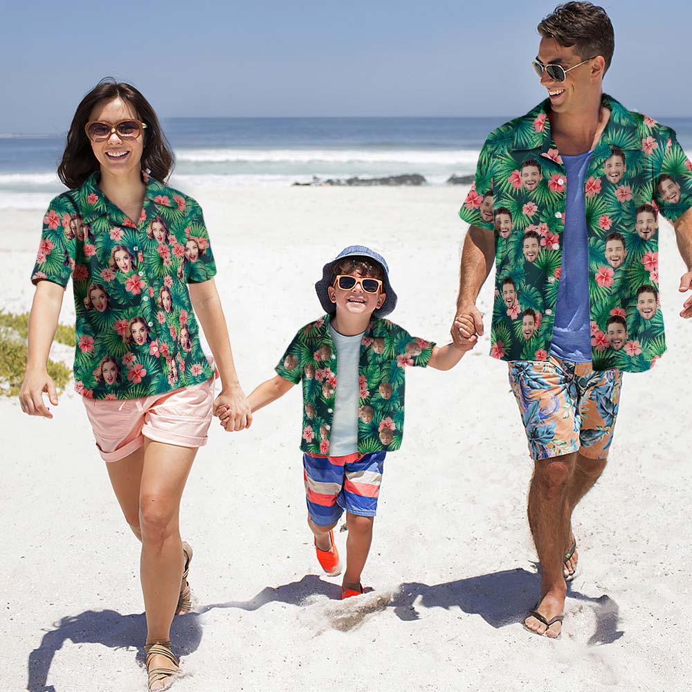 Christmas Gift For Family Custom Photo Hawaiian Shirt Parent-child Wears Personalised Face Hawaiian Shirt Gift Red Flowers