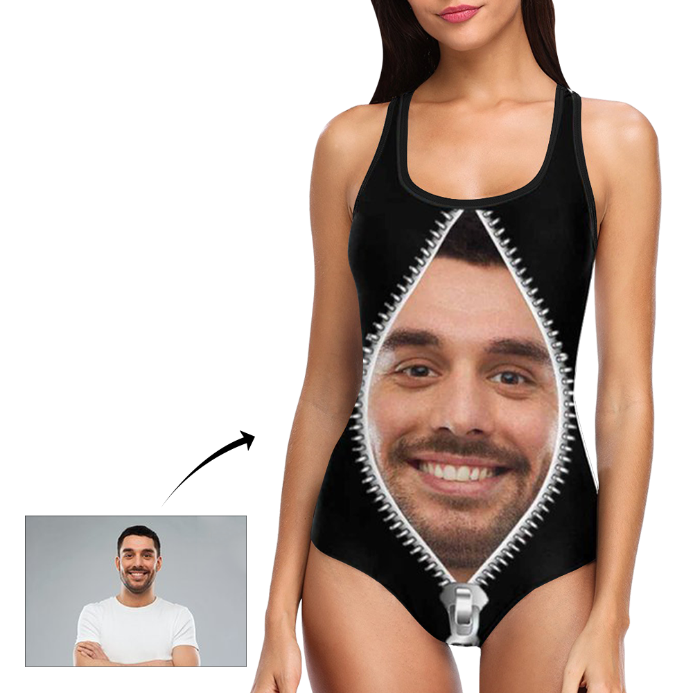 Custom Face Swimwear Women's Photo Slip One Piece Swimsuit - Zipper