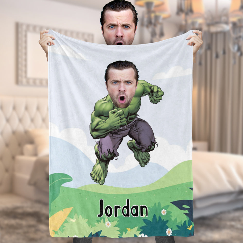 Custom My Face Blanket Personalized Photo and Text Blanket Minime Hulk