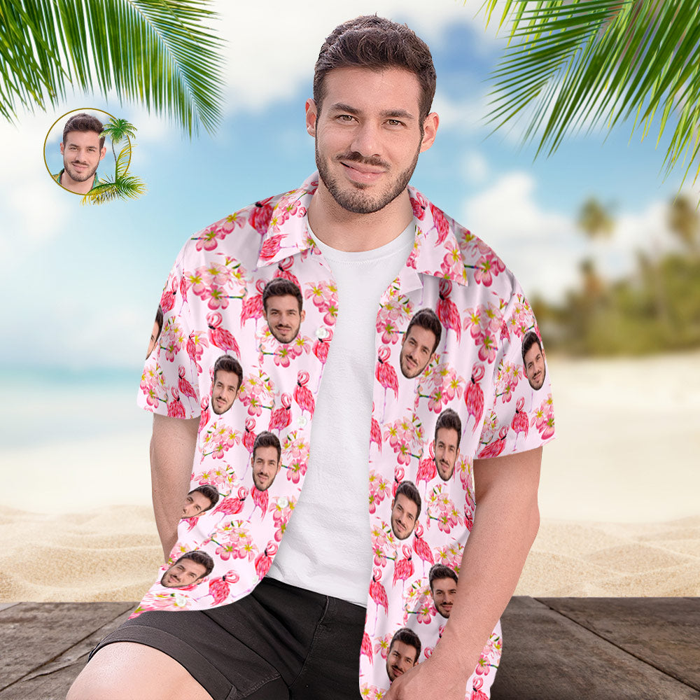 Custom Face Hawaiian Shirt For Him Personalised Men's Photo Shirt Pink Flamingo Valentine's Day Gift