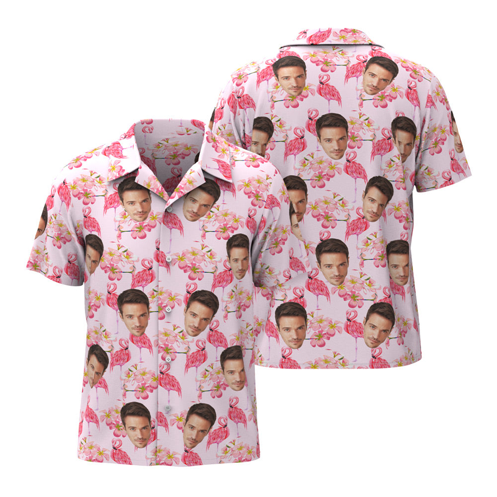 Custom Face Hawaiian Shirt For Him Personalised Men's Photo Shirt Pink Flamingo Valentine's Day Gift
