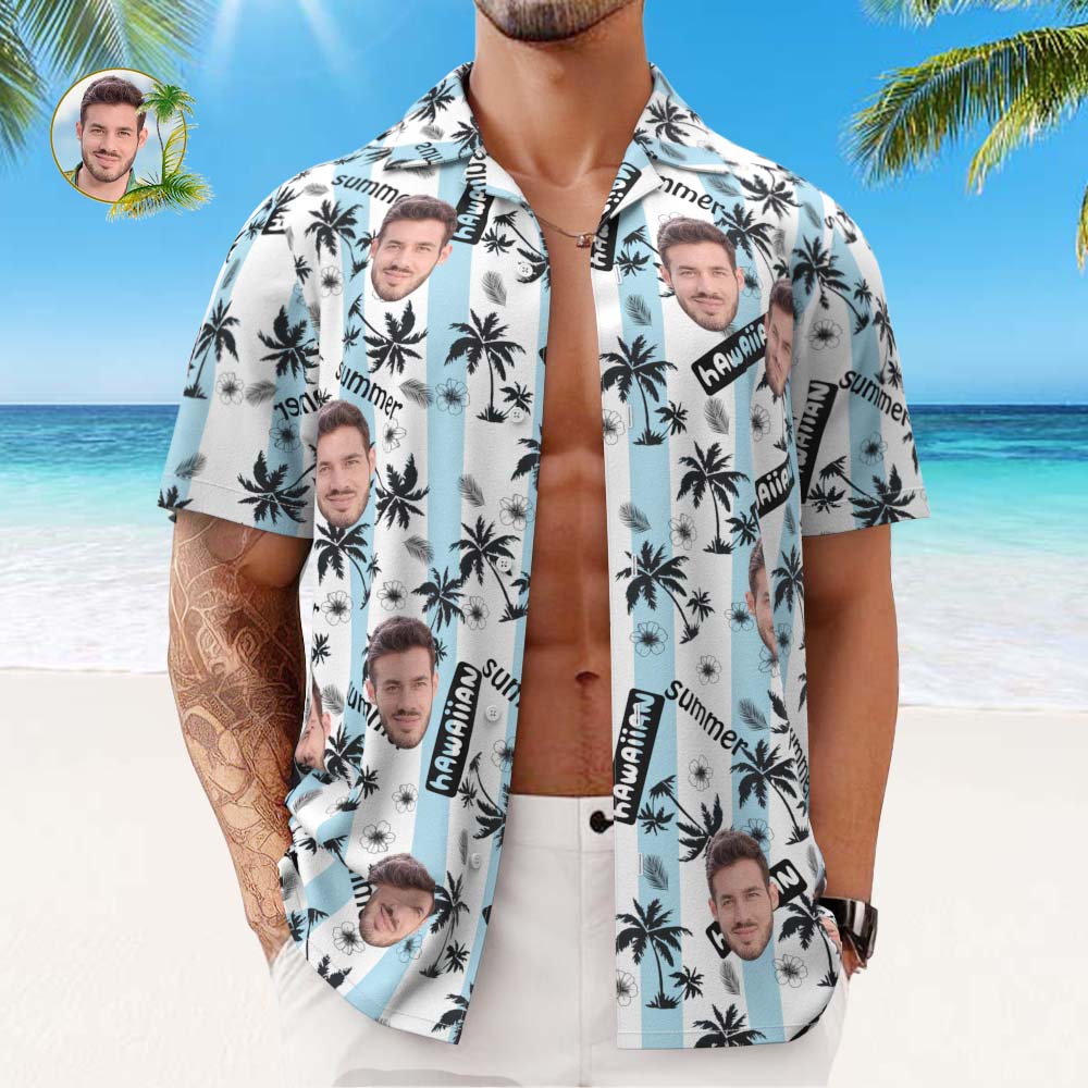 Custom Face Hawaiian Shirt Men's All Over Print Aloha Shirt Gift - Blue and White Striped - MyFacepajamasAU