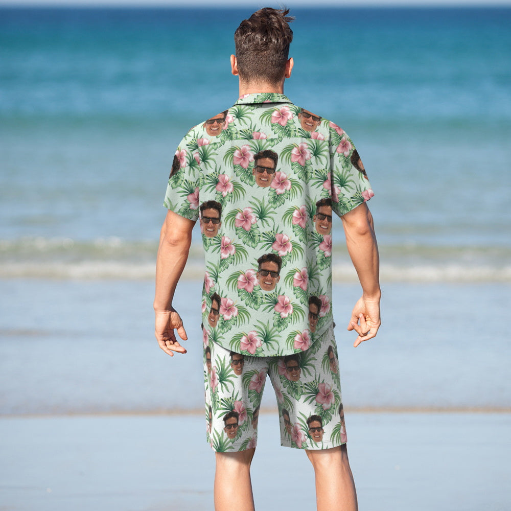 Custom Face Hawaiian Shirt And Beach Shorts Personalised Men's Photo Tropical Aloha Vacation Party Gift