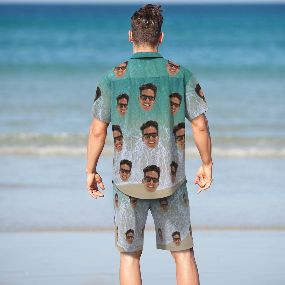 Custom Face Hawaiian Shirt And Beach Shorts Personalised Men's Photo Wave Print Vacation Party Gift