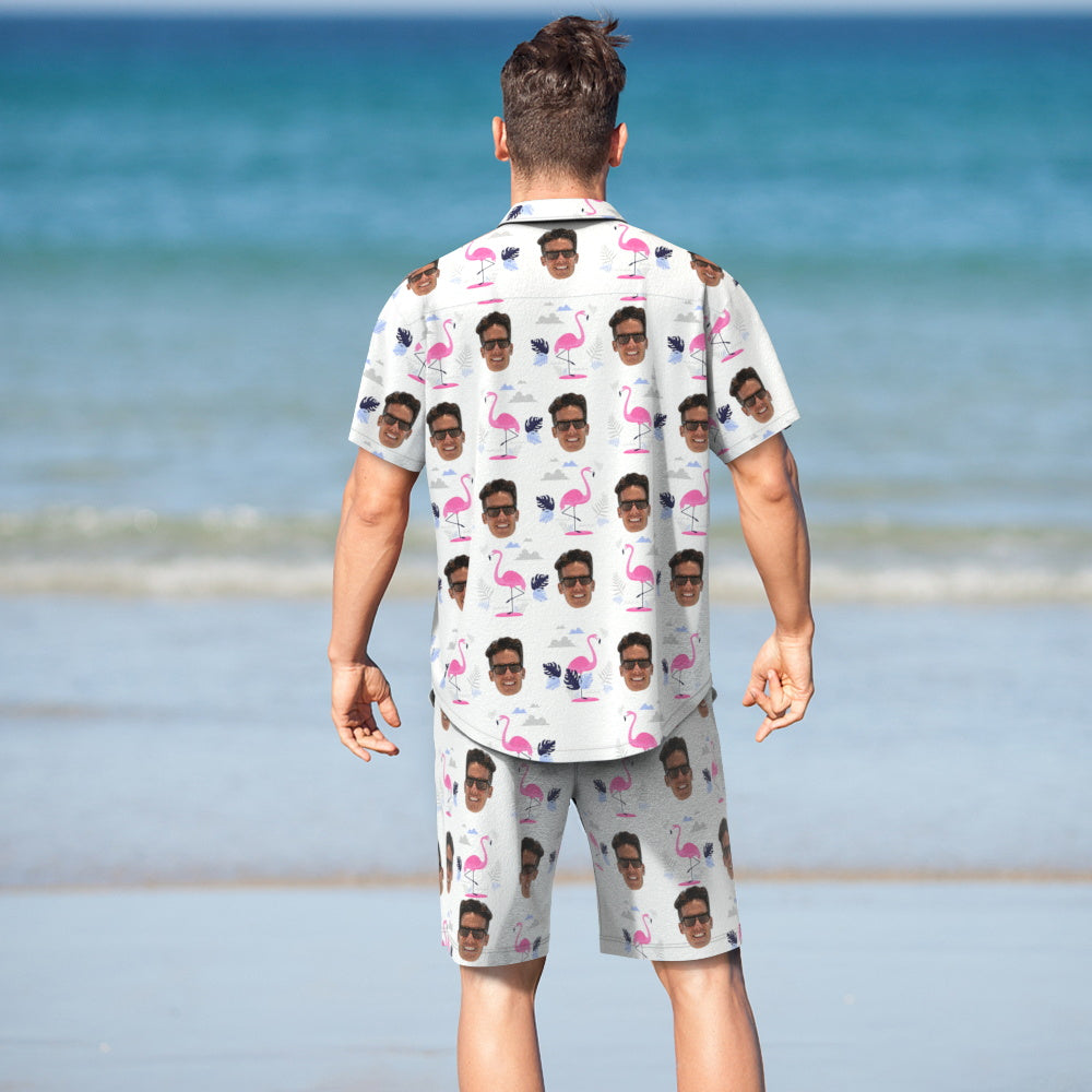 Custom Face Hawaiian Shirt And Beach Shorts Personalised Men's Photo Flamingo Print Vacation Party Gift