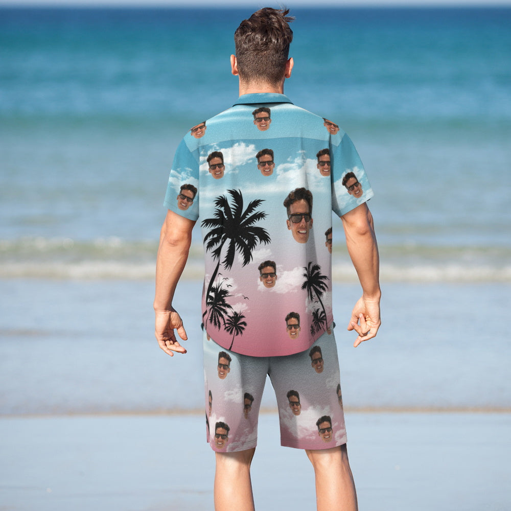 Custom Face Hawaiian Shirt And Beach Shorts Personalised Men's Photo Coconut Tree View Vacation Party Gift