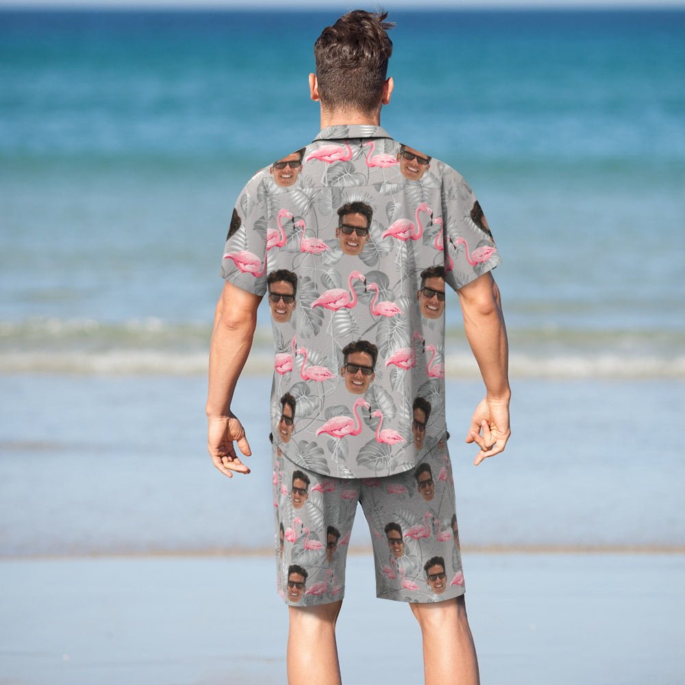 Custom Face Hawaiian Shirt And Beach Shorts Personalised Men's Photo Casual Resort Flamingo Print Vacation Party Gift