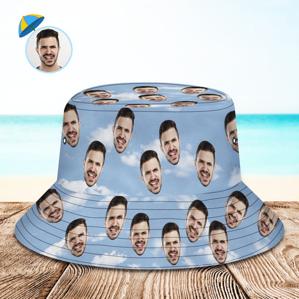 Custom Face Bucket Hat Unisex Personalized Photo Summer Cap Blue With Clouds Hiking Beach Hats Gift for Lover