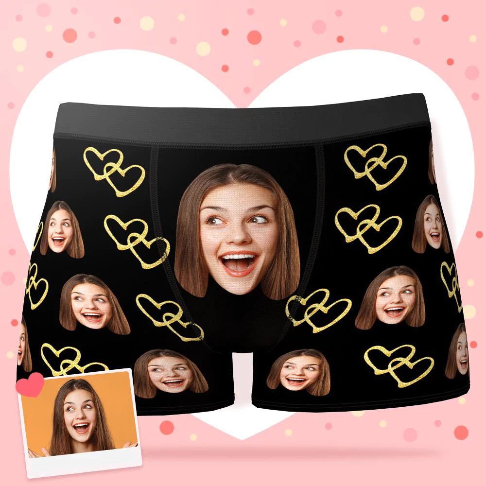 3D Preview Custom Face Boxer Shorts Personalised Photo Boxer Shorts Romantic Valentine's Day Gifts For Boyfriend - Golden Love
