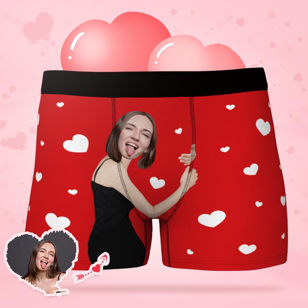 Red Heart With Cartoon Background - Custom Photo Couple Boxer