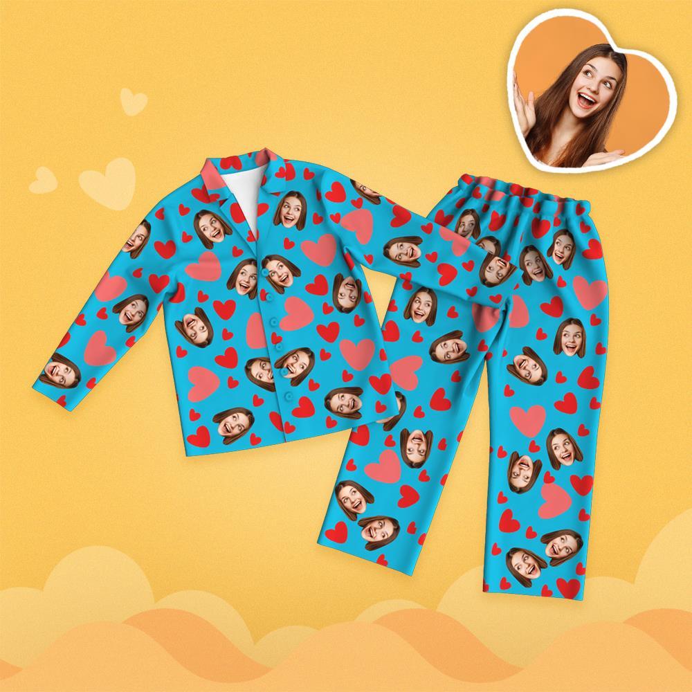 Custom Face Red Heart Printed Long Sleeve Pajamas Set
