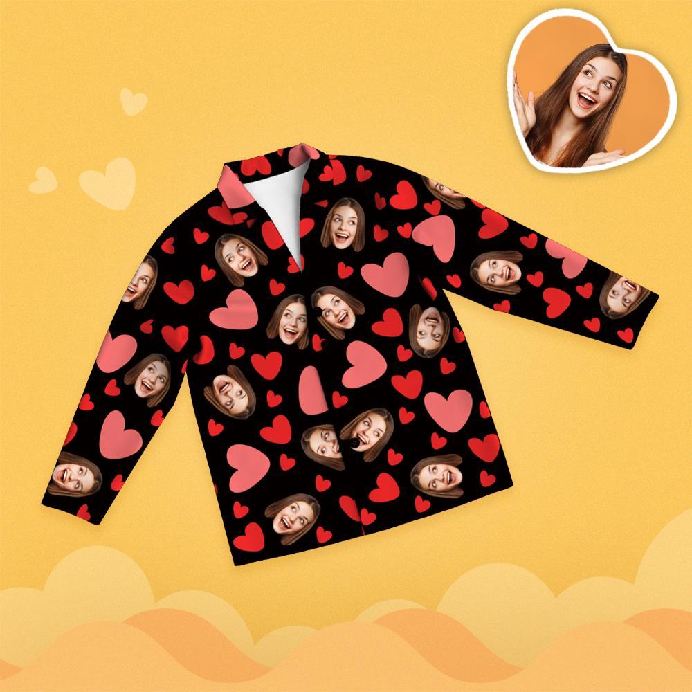 Custom Face Red Heart Printed Long Sleeve Pajamas Love Gifts