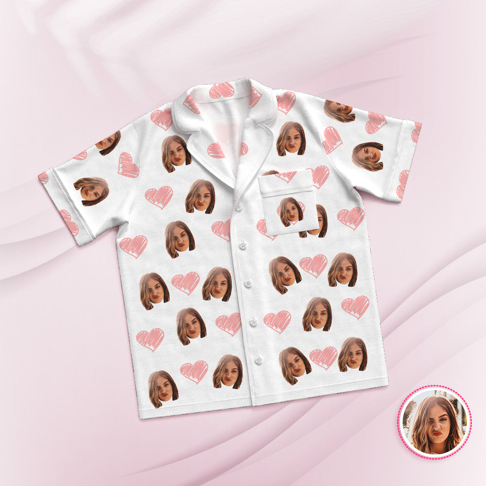 Custom Face Short Sleeved Pajamas Personalised Photo White Sleepwear Pink Heart Holiday Gifts