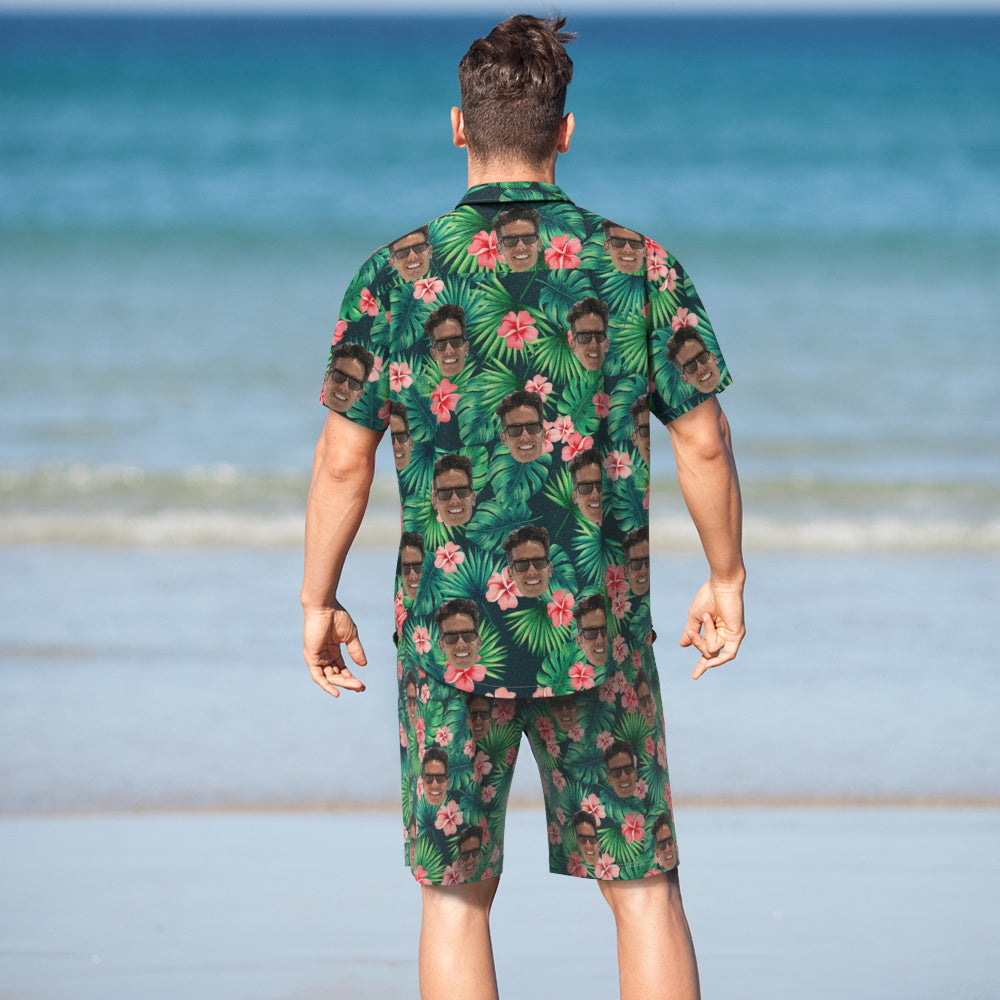 Custom Face Leaves & Flowers Hawaiian Shirt And Beach Shorts Personalised Men's Photo All Over Print Vacation Party Gift