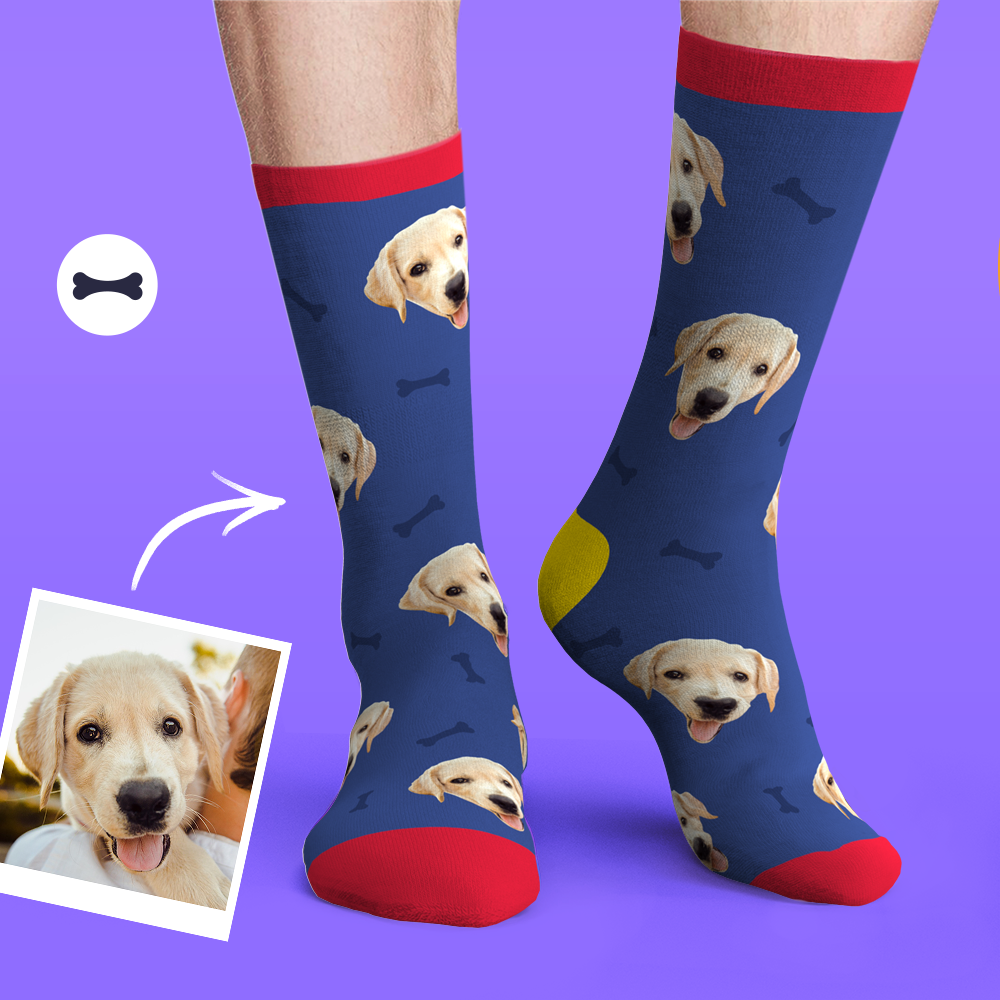 Custom Personalized Photo Pet Face Socks - Bone And Footprint