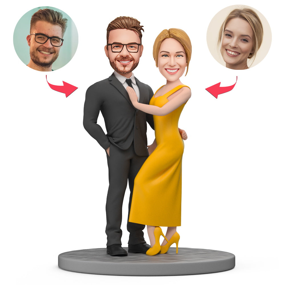 Black Suit and Yellow Dress Valentines Custom Bobblehead with Engraved Text for Valentine's Day