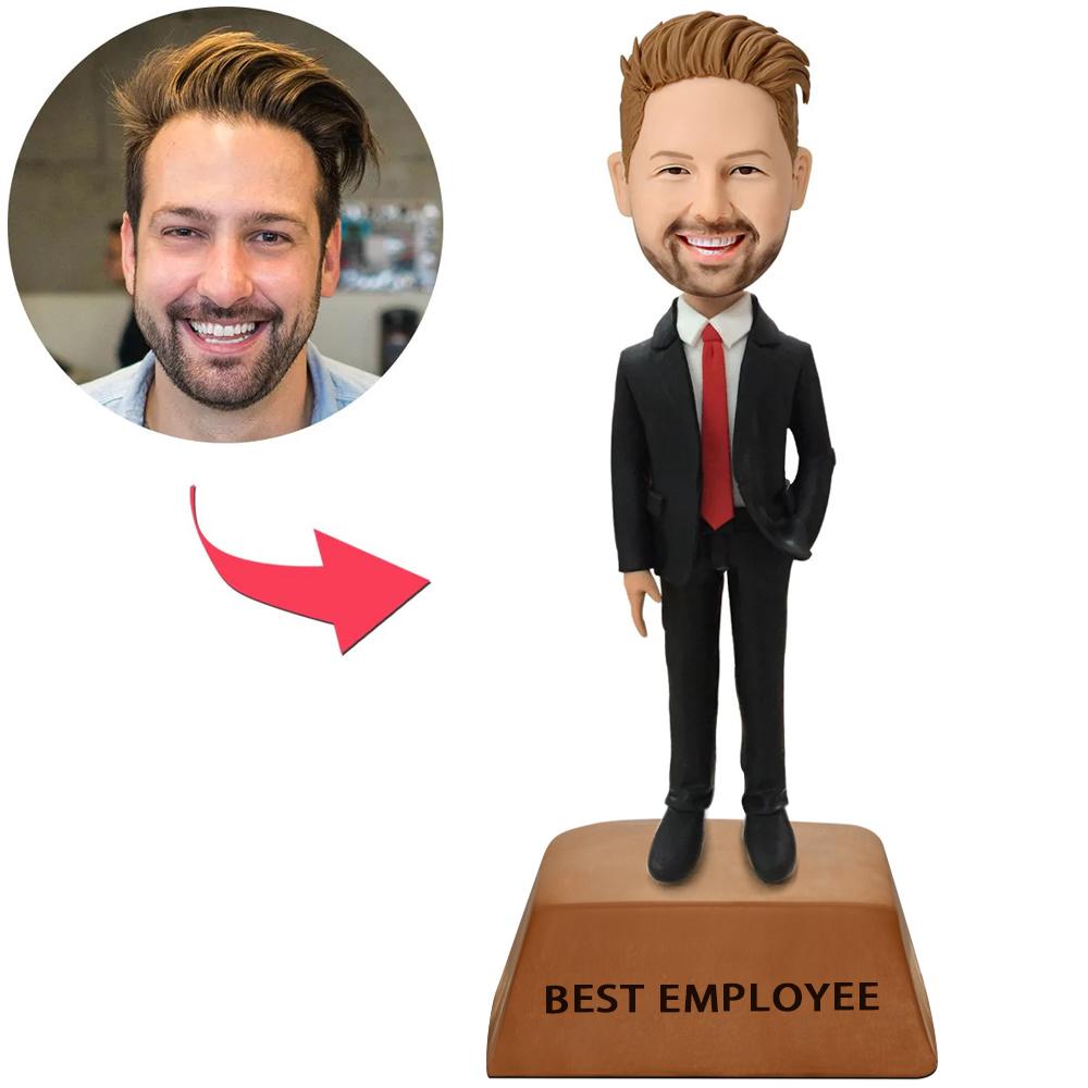 Male Executive In Red Tie Custom Bobblehead With Engraved Text