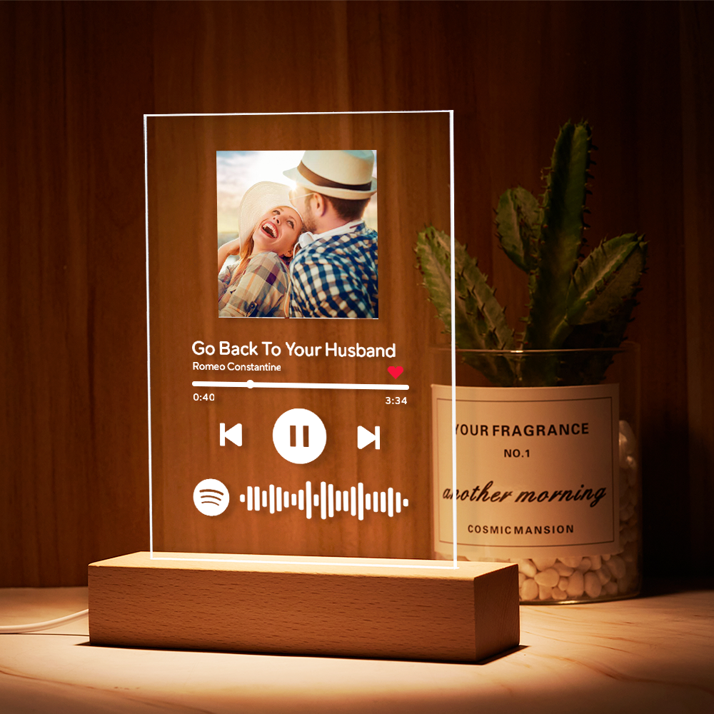 Custom Acrylic Spotify Code Music Plaque Night Light With Wooden Base Anniversary Gift for Him