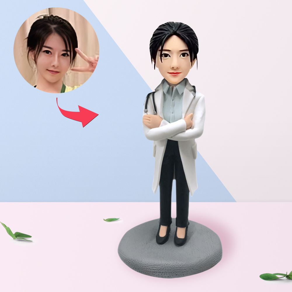 女醫生在實驗室外套 戴著聽診器 定制搖頭人偶 可添加文本