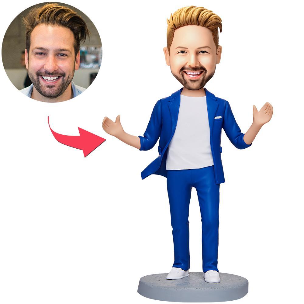 藍色西裝快樂商務男士定制搖頭人偶 訂製父親節禮物 軟陶公仔