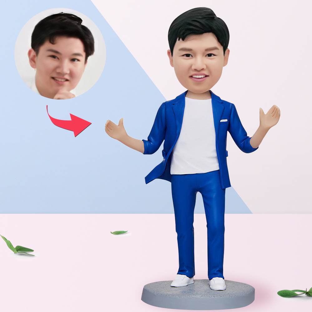 藍色西裝快樂商務男士定制搖頭人偶 訂製父親節禮物 軟陶公仔
