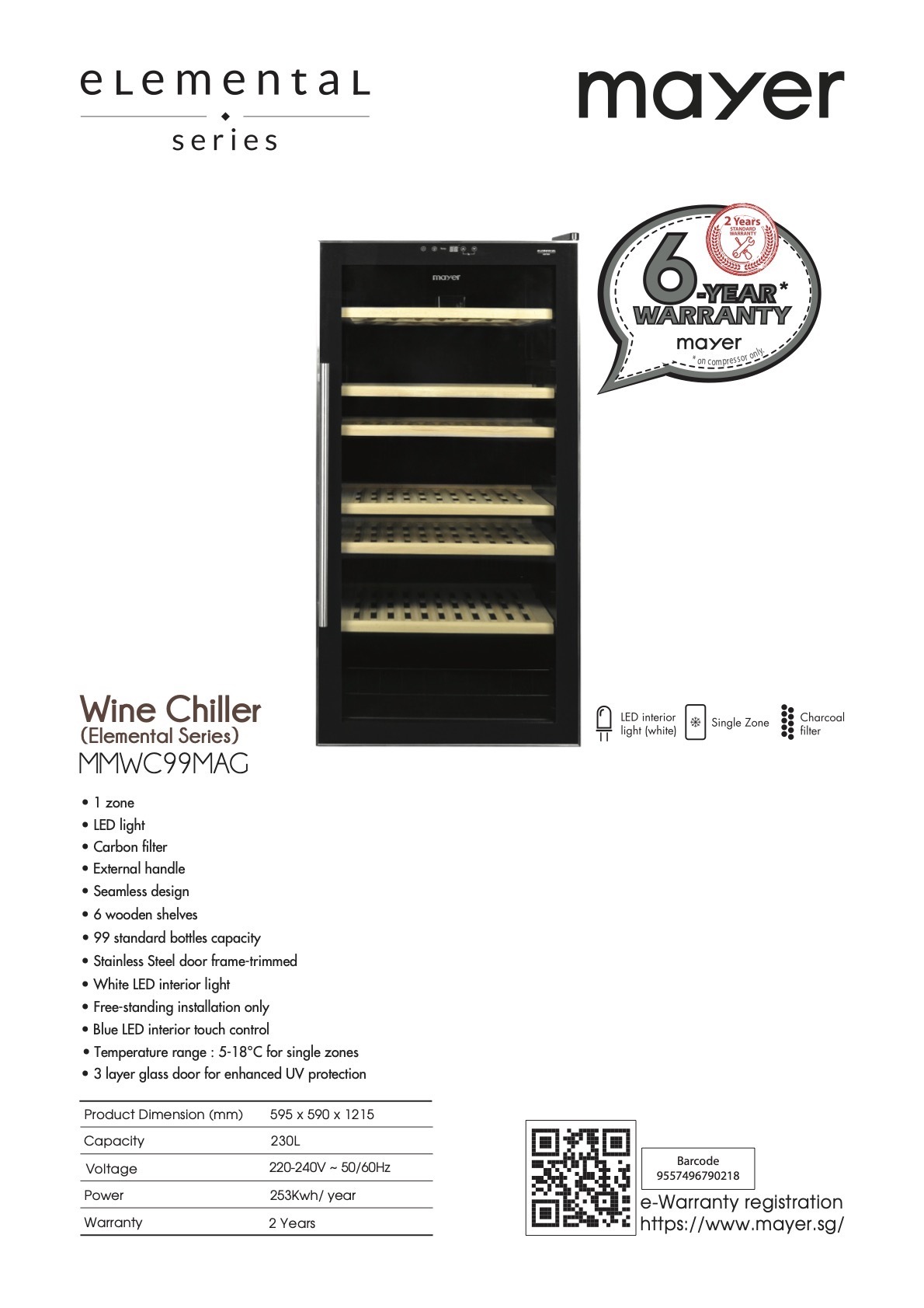 Mayer MMWC99MAG Elemental Series Wine Chiller Wine Fridge Wine Cellar 230L
