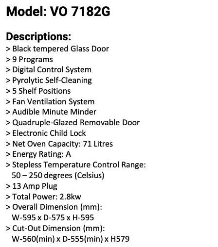 Valenti 71L Built In Oven VO 7182G 