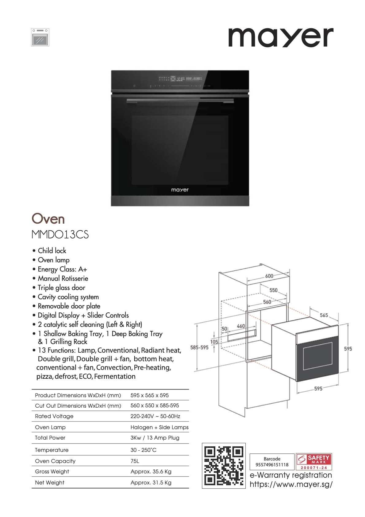 Mayer 75L Built-in Catalytic Oven MMDO13CS 