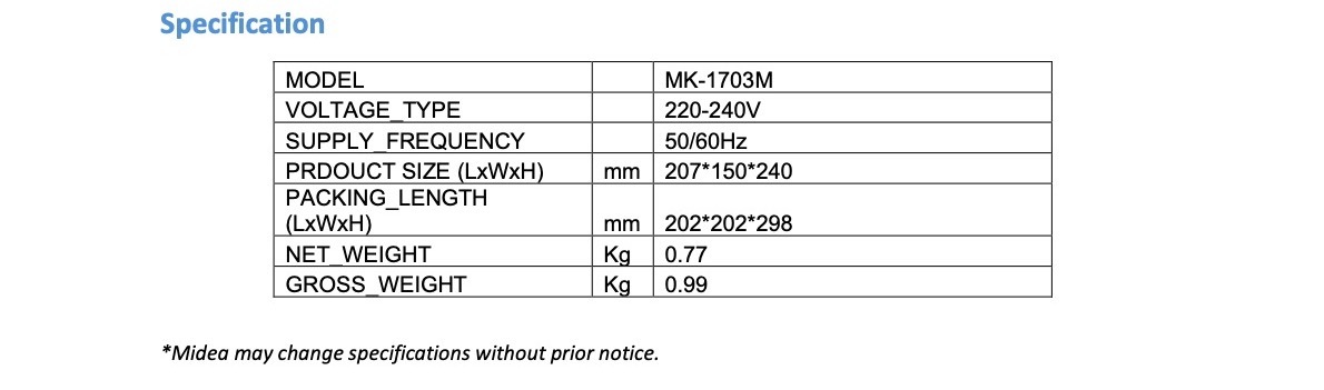 Midea 1.7L Electric Kettle  MK-1703M 