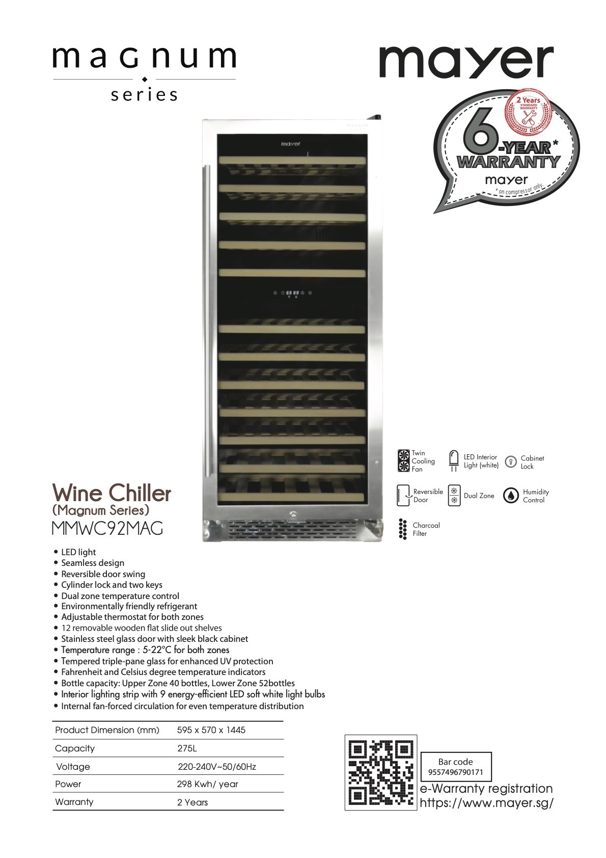 Mayer MMWC92MAG Magnum Series Wine Chiller Wine Fridge Wine Cellar 275L