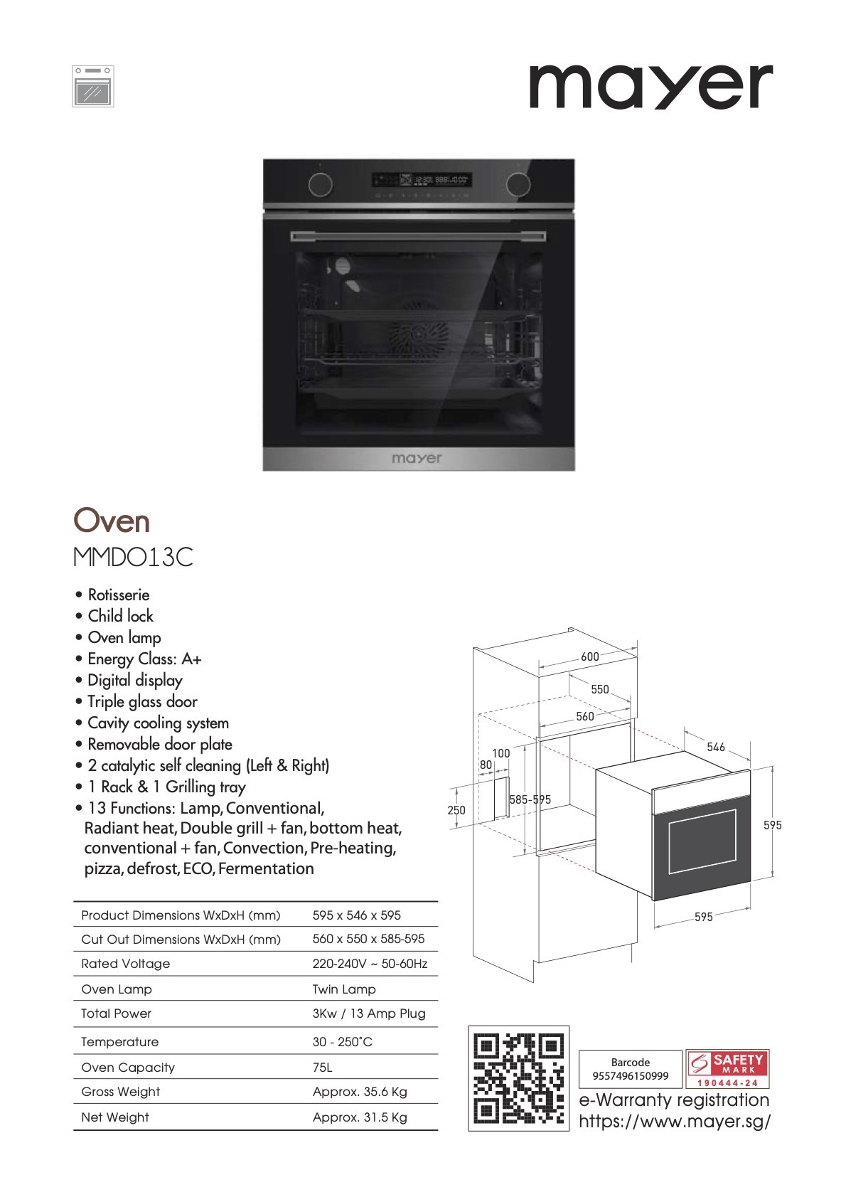 Mayer 75L Built-in Catalytic Oven MMDO13C 