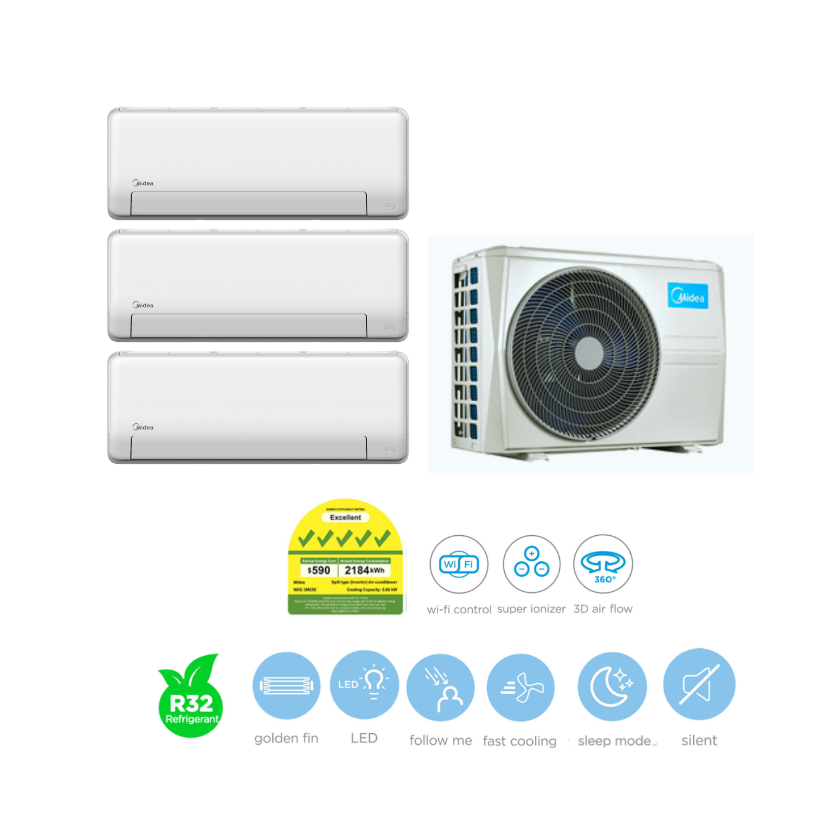 Midea System 3 AIRCON MAE3M25E / 3 X MSEID09