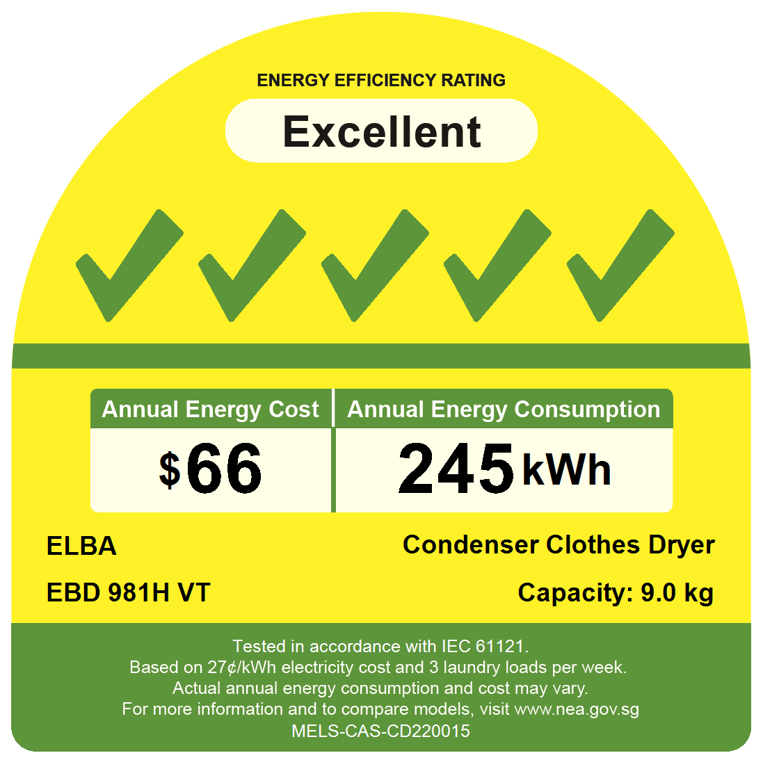 ELBA 9Kg Heat Pump Dryer EBD9811H VT