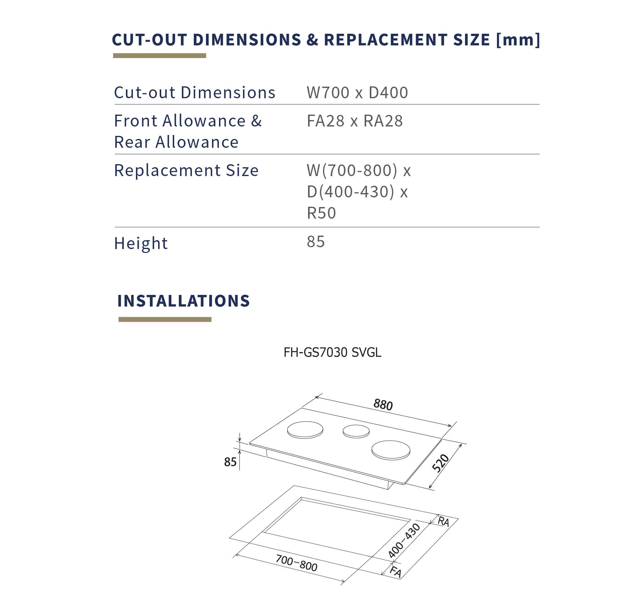 FUJIOH 88cm 3 Burners Gas Hob FH-GS 7030