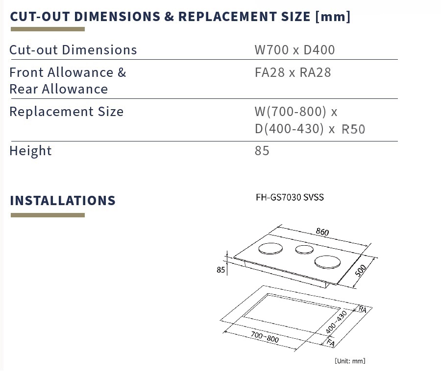 FUJIOH 88cm 3 Burners Gas Hob FH-GS 7030
