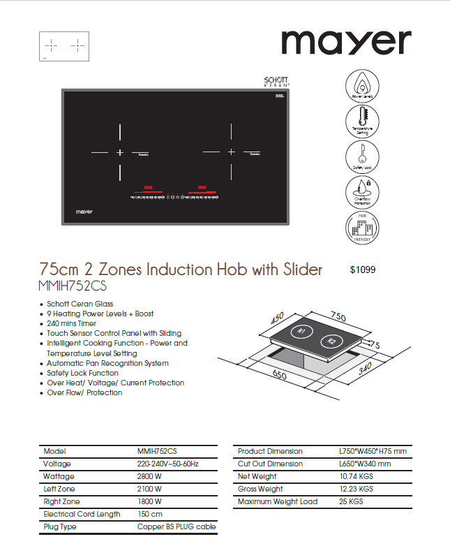 Mayer 75cm 2 Zone Induction Hob with Slider MMIH752CS