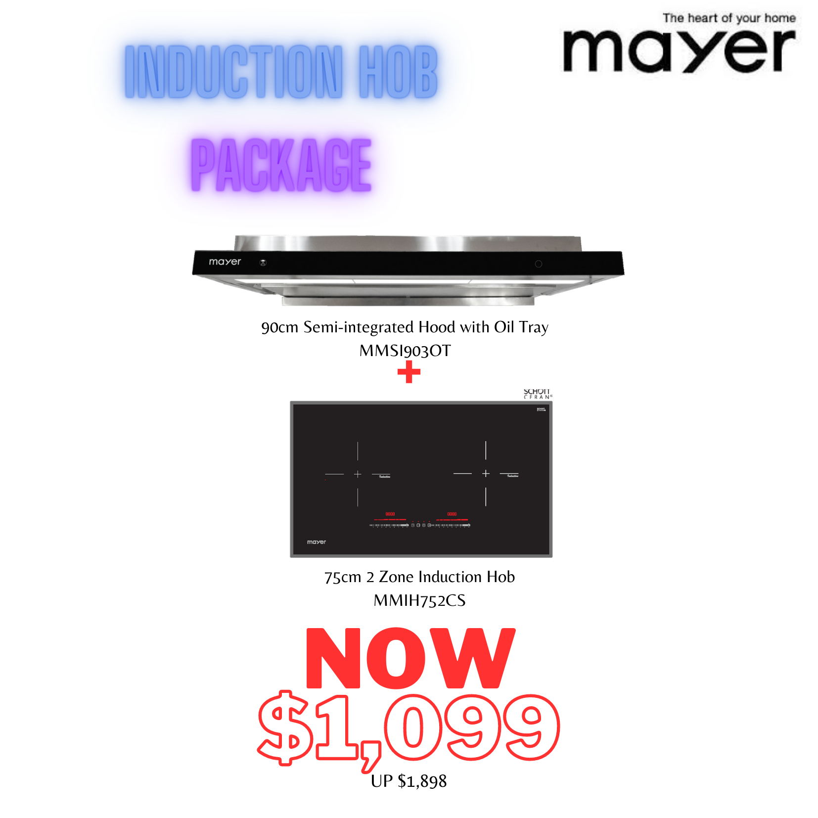75cm 2 Zone Induction Hob with Slider + 90cm Semi-integrated Hood with Oil Tray MMIH752CS+MMSI903OT