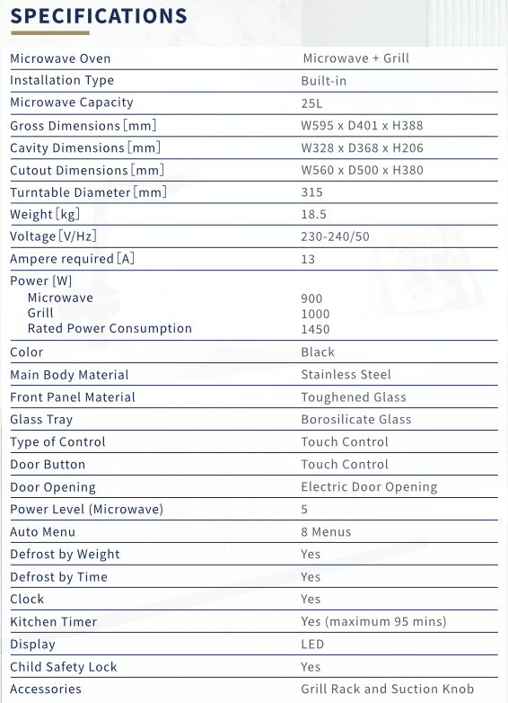FUJIOH 25L Built-In Microwave w/ Grill FV-MW51 