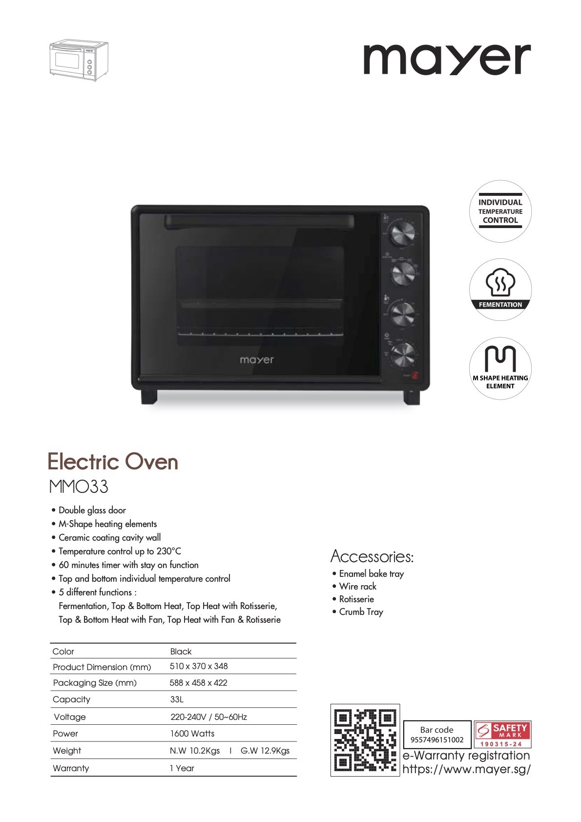 Mayer 33L Electric Oven MMO33