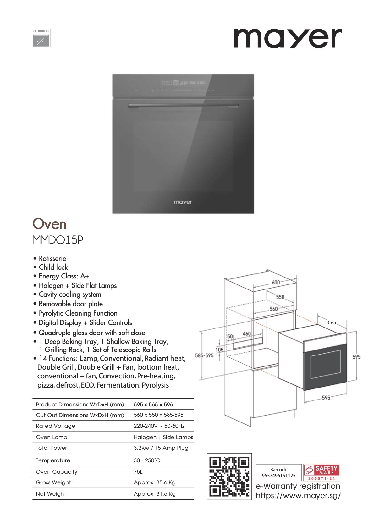 Mayer 75L Built-In Pyrolytic Oven MMDO15P