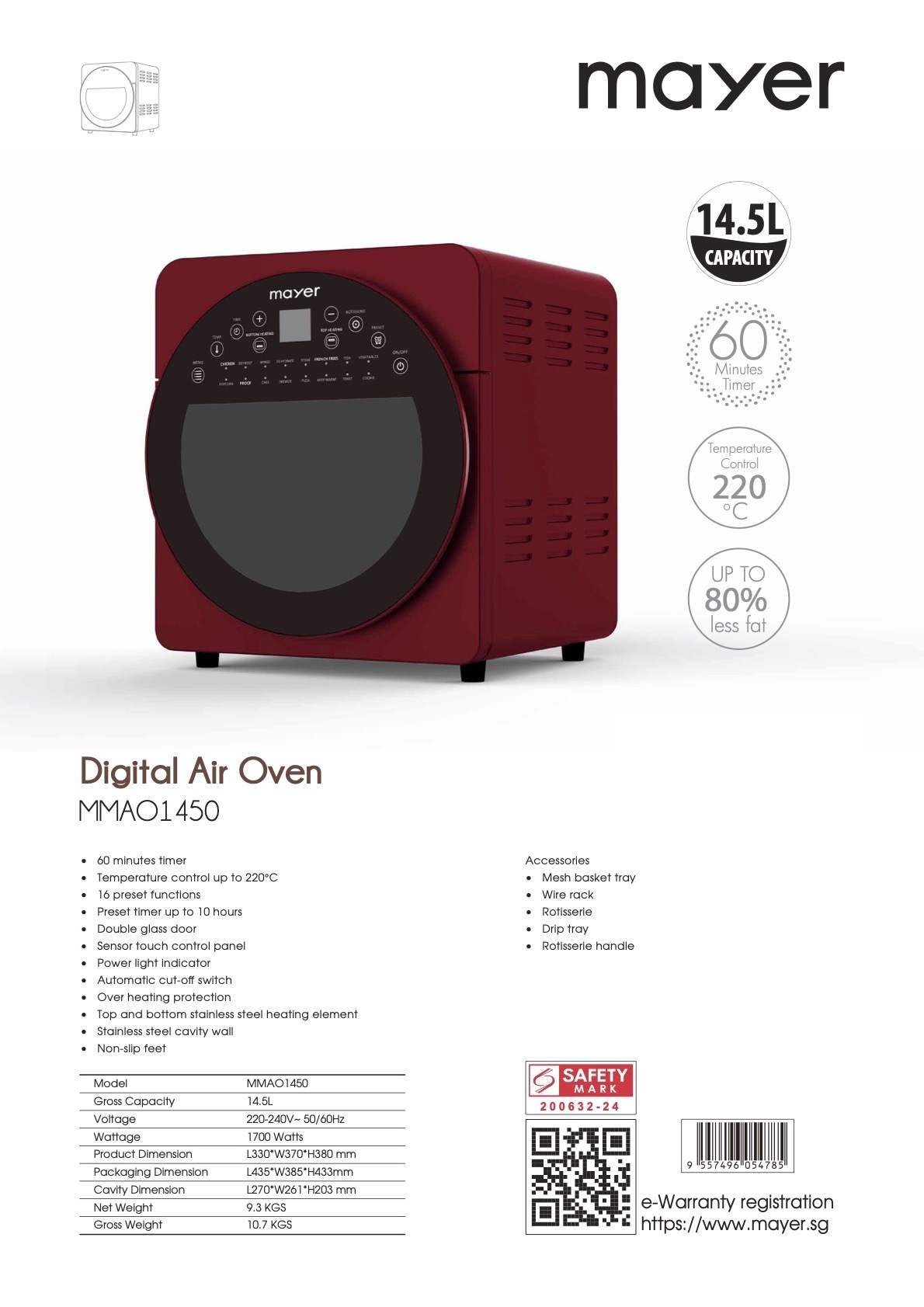 Mayer 14.5L Digital Air Oven MMAO1450