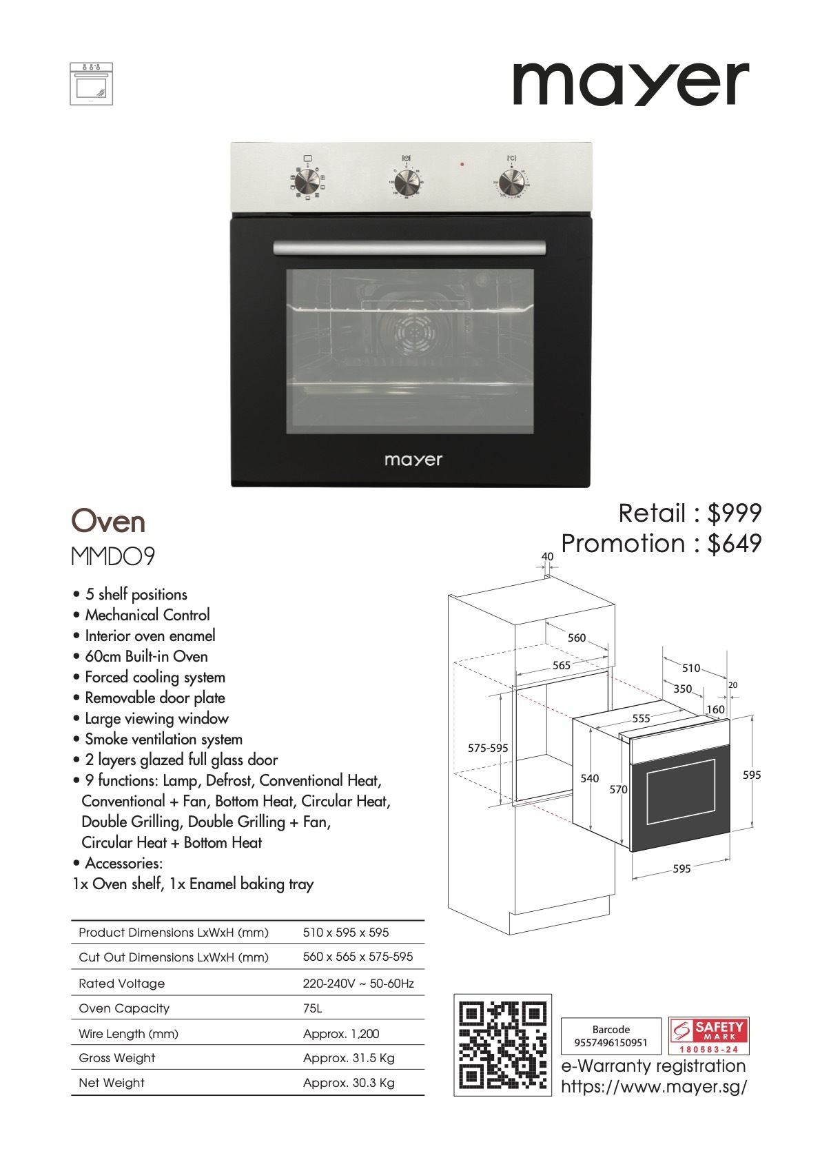 Mayer 75L Built-in Oven MMDO9