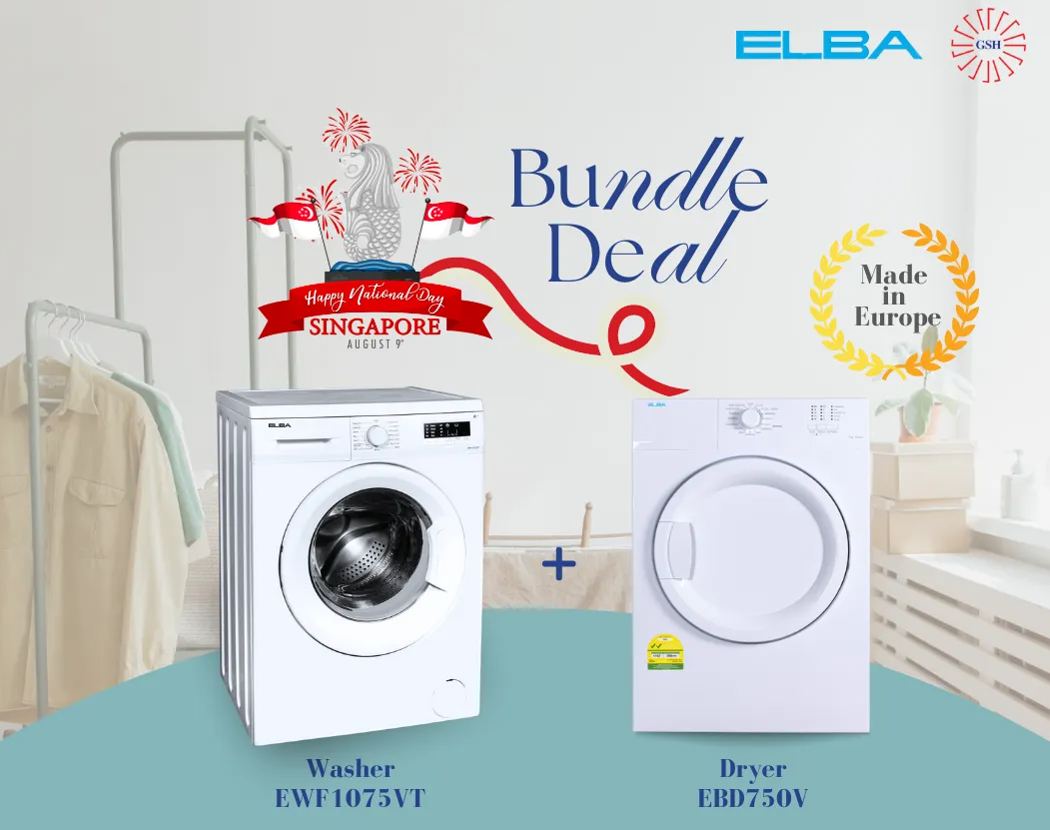 [Bundle] ELBA 7Kg Front Load Washing Machine EWF 1075 VT + 7Kg Air Vented Dryer EBD750V