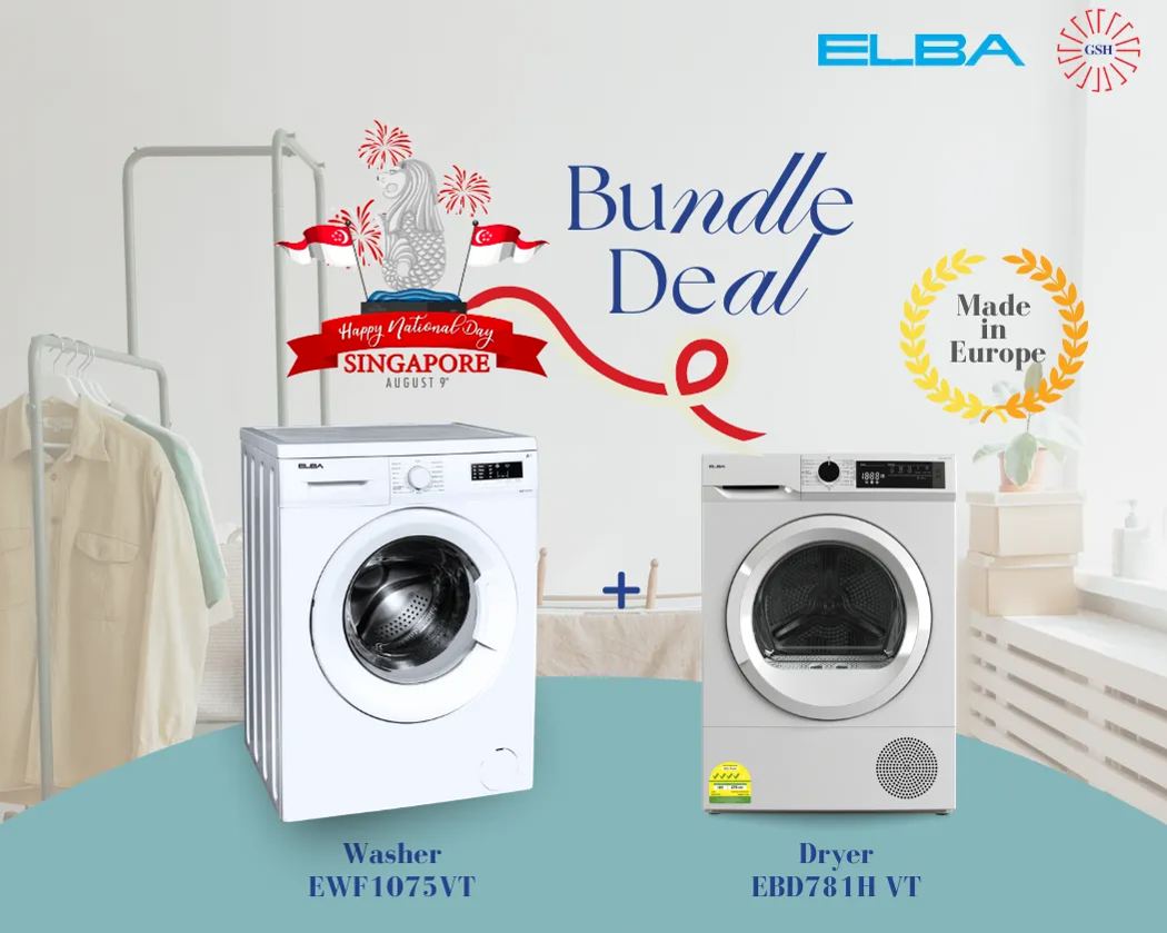 [Bundle] ELBA 7Kg Front Load Washing Machine EWF 1075 VT + 7Kg Heat Pump Dryer EBD781H VT
