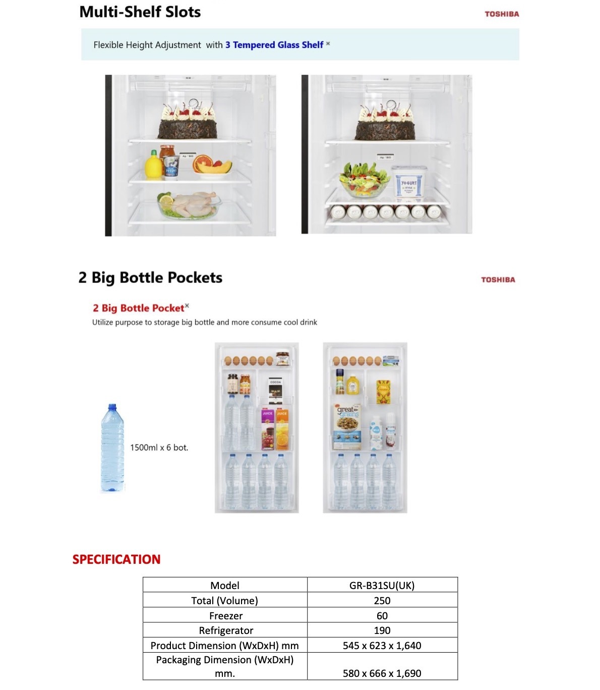 Toshiba Top Mounted Refrigerator 250L GR-B31SU(UK) 