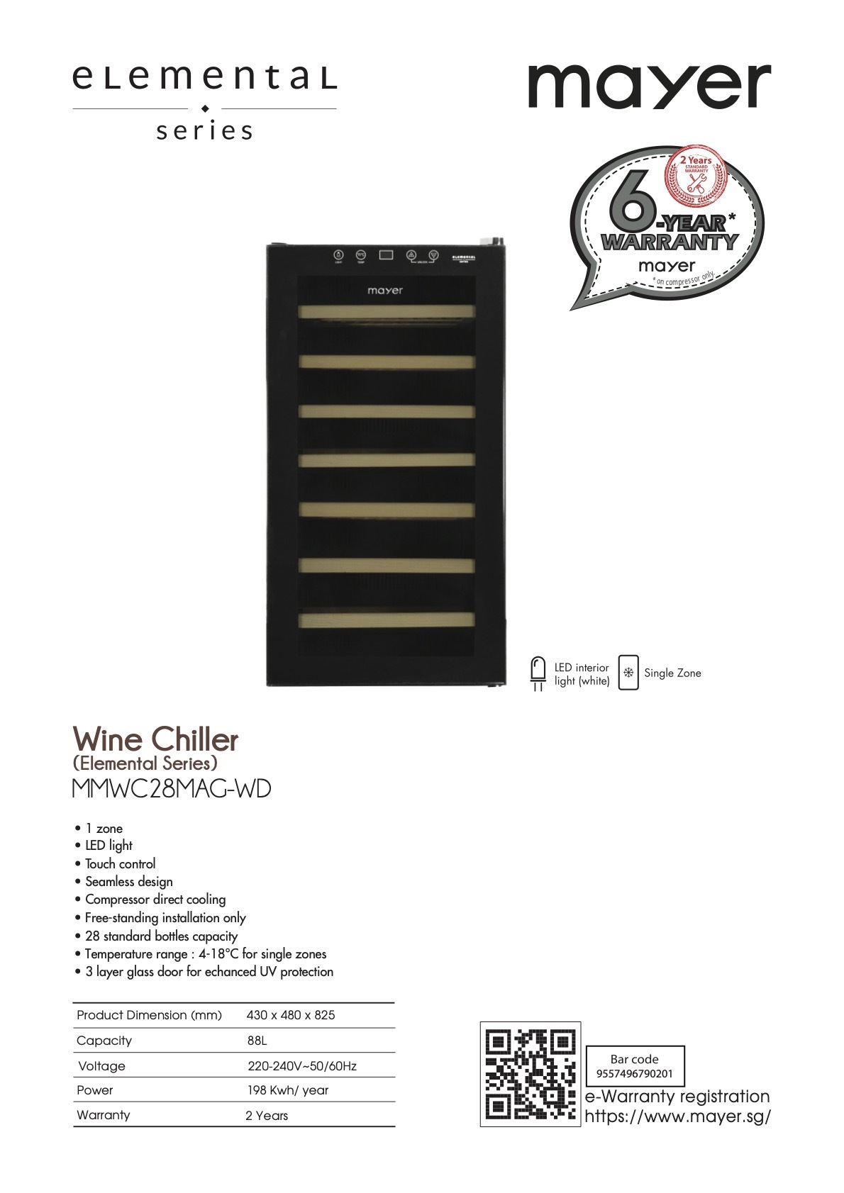 Mayer 28 Bottles Single Temperature Wine Cellar - MMWC28MAG-WD 