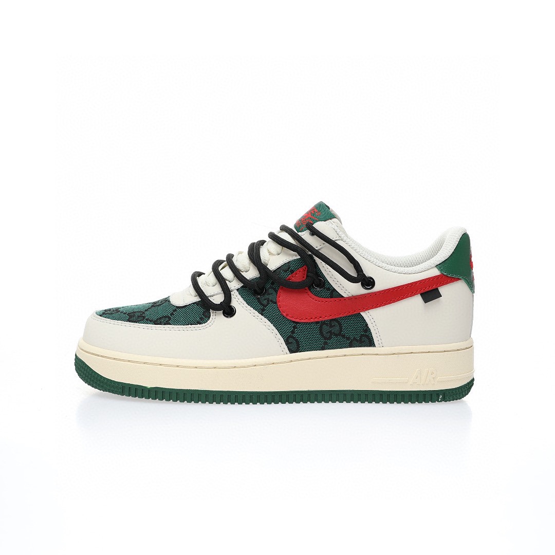 Nike Air Force 1 07 LV8 Low"Beige White/Green/Black GG"空軍一號經典低幫百搭休閒運動板鞋「拼接米白紅綠黑GG布綁繩」